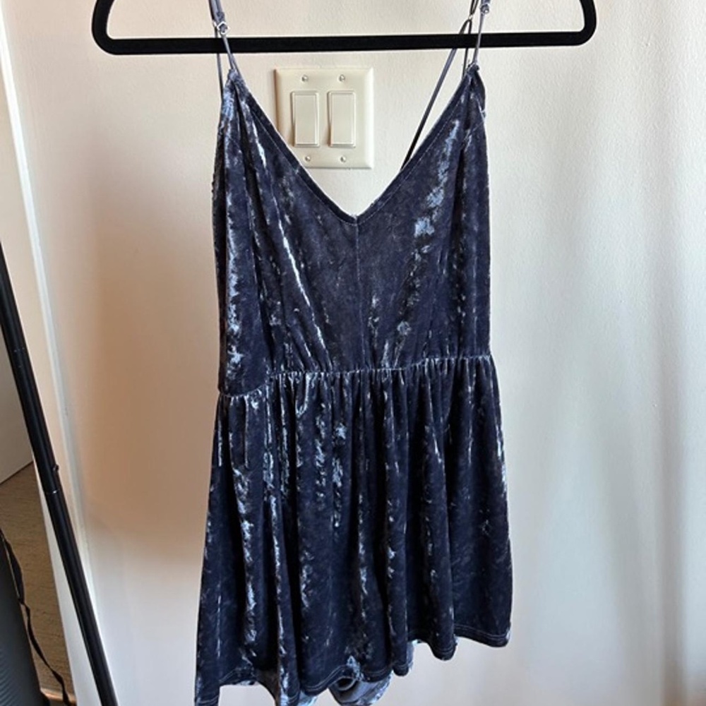 LA Hearts Blue Spaghetti Strap Crushed Velvet Romper
